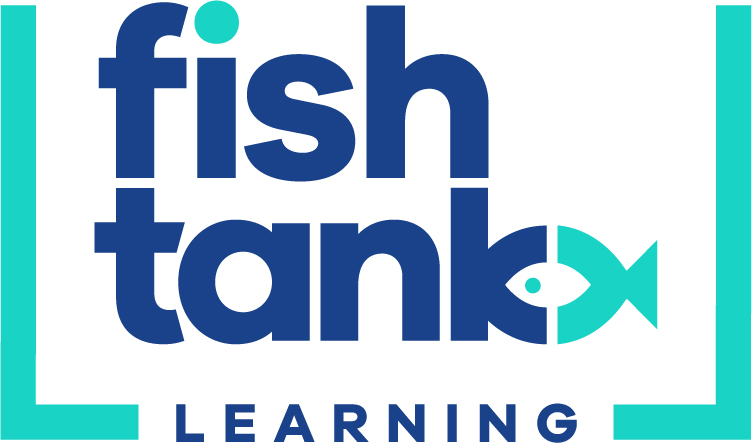 "fishtank learning" logo in blue and teal with fish symbol in logo