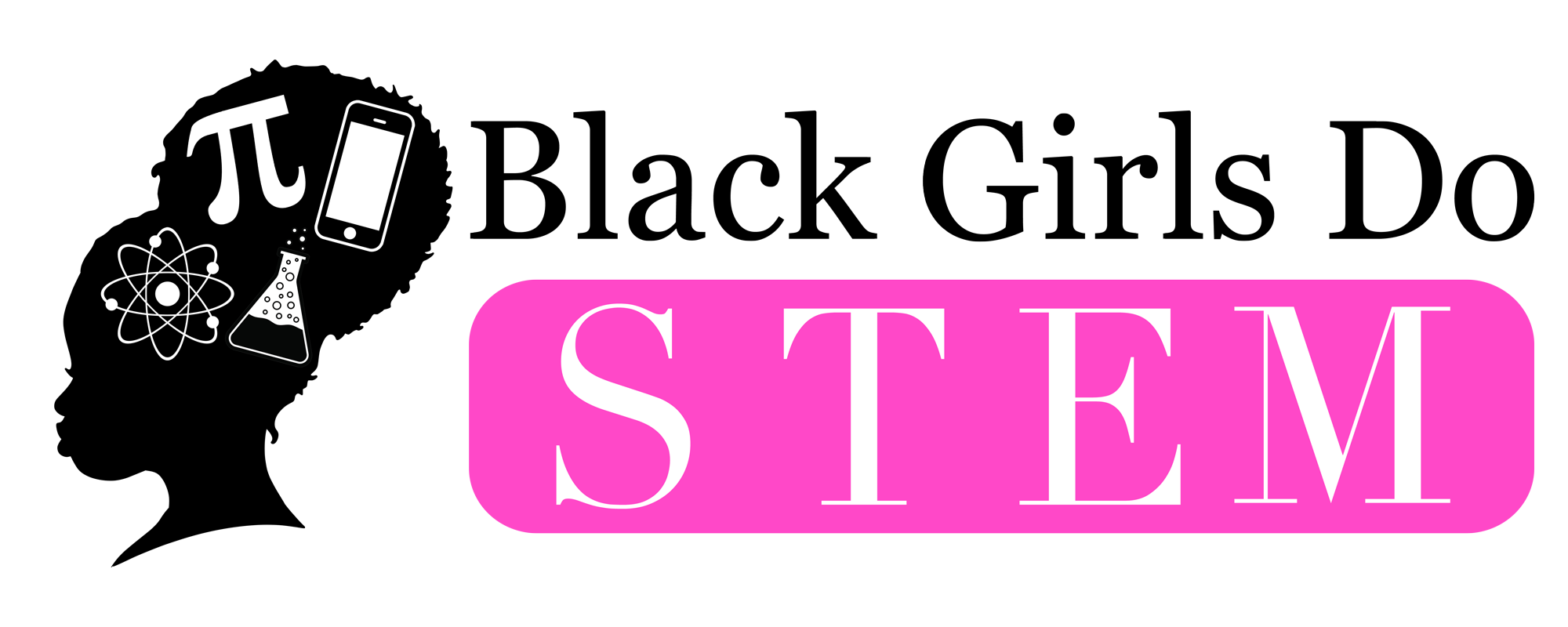 Black Girls do STEM logo -side profile of girl with STEM symbols